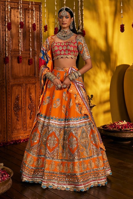 The Royaleum Red Silk Embroidery, Zari, Sequins, Gota Mandira Blouse, Lehenga And Dupatta 