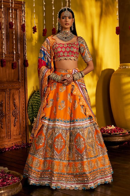 Buy_The Royaleum_Red Silk Embroidery, Zari, Sequins, Gota Patti Square Neck Mandira Lehenga Set _Online_at_Aza_Fashions