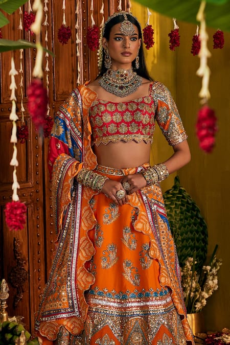 Shop_The Royaleum_Red Silk Embroidery, Zari, Sequins, Gota Patti Square Neck Mandira Lehenga Set _Online_at_Aza_Fashions