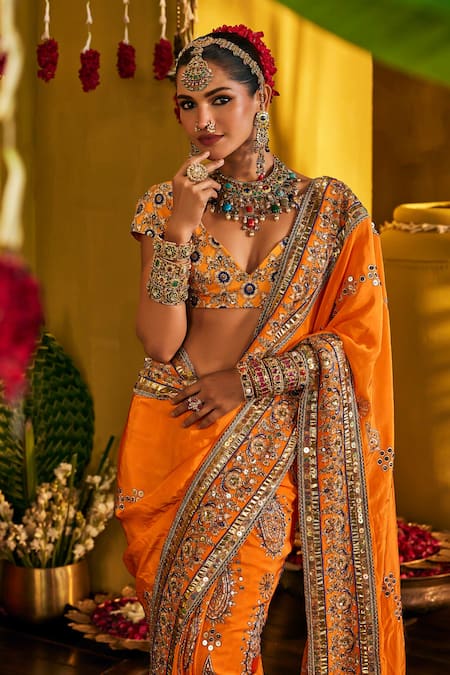 The Royaleum_Orange Silk Embroidery, Sequins, Zari, Mirrors Ishmira Saree And Blouse Set _Online_at_Aza_Fashions