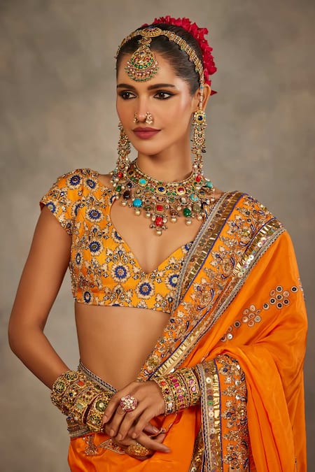Buy_The Royaleum_Orange Silk Embroidery, Sequins, Zari, Mirrors Ishmira Saree And Blouse Set _Online_at_Aza_Fashions