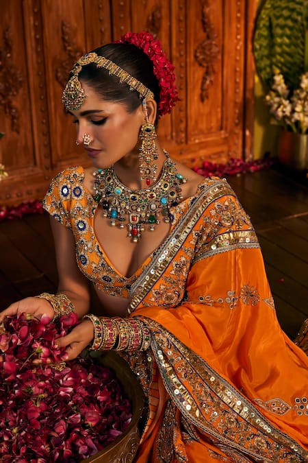 Shop_The Royaleum_Orange Silk Embroidery, Sequins, Zari, Mirrors Ishmira Saree And Blouse Set _Online_at_Aza_Fashions
