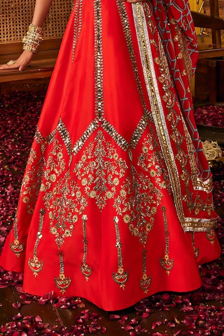 The Royaleum_Red Silk Embroidery, Zari, Sequins Square Neck Lalima Lehenga Set _Online_at_Aza_Fashions