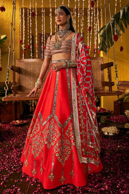 Buy_The Royaleum_Red Silk Embroidery, Zari, Sequins Square Neck Lalima Lehenga Set _Online_at_Aza_Fashions