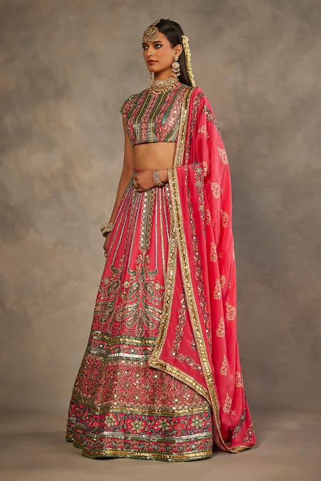 The Royaleum_Pink Silk Embroidery, Sequins, Zari High Neck Rosira Lehenga Set _Online_at_Aza_Fashions