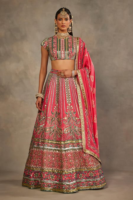 Buy_The Royaleum_Pink Silk Embroidery, Sequins, Zari High Neck Rosira Lehenga Set _Online_at_Aza_Fashions