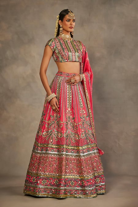 Shop_The Royaleum_Pink Silk Embroidery, Sequins, Zari High Neck Rosira Lehenga Set _Online_at_Aza_Fashions
