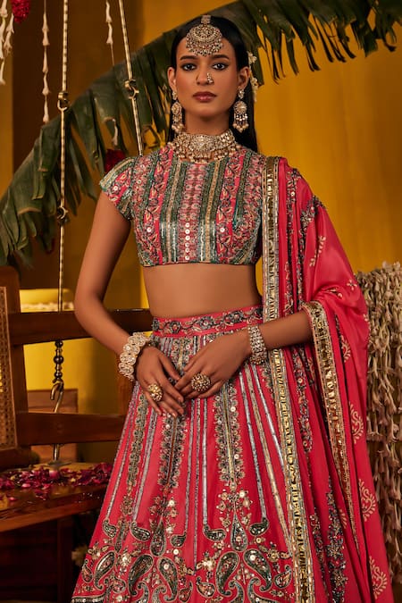 Buy_The Royaleum_Pink Silk Embroidery, Sequins, Zari High Neck Rosira Lehenga Set 