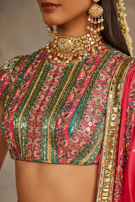Shop_The Royaleum_Pink Silk Embroidery, Sequins, Zari High Neck Rosira Lehenga Set 