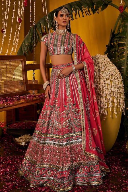 The Royaleum Pink Silk Embroidery, Sequins, Zari High Neck Rosira Blouse, Lehenga And Dupatta 