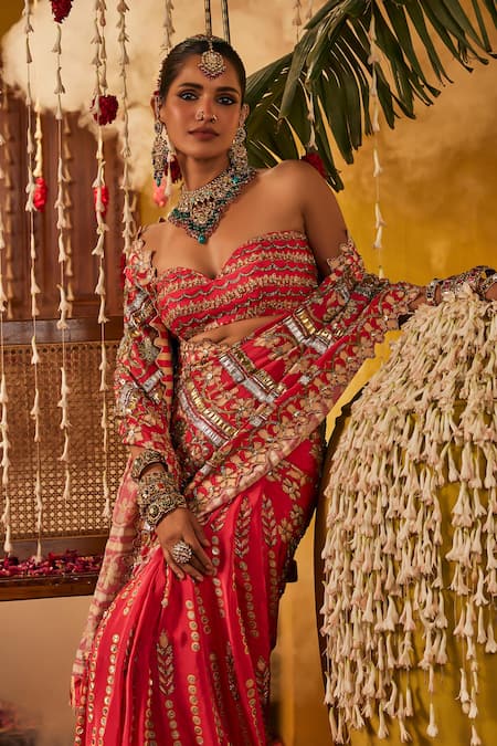 Shop_The Royaleum_Pink Silk Zari, Embroidery Sweetheart Neck Varnika Saree And Blouse Set _Online_at_Aza_Fashions