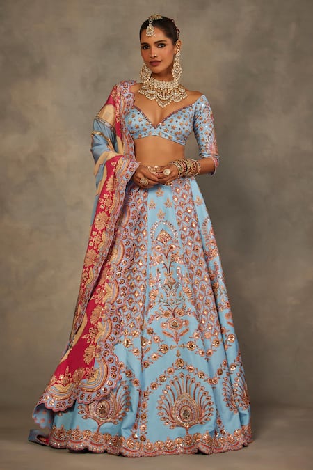 The Royaleum Sky Blue Silk Embroidery, Sequins, Zari Sweetheart Neck Jhoomer Lehenga Set 