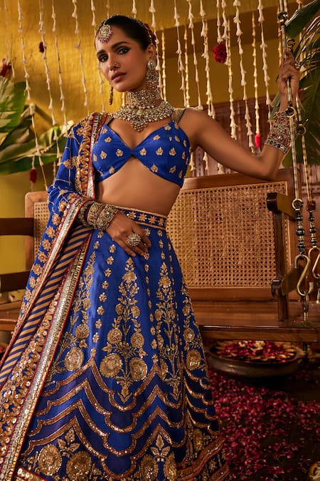 The Royaleum_Blue Silk Zari, Sequins, Embroidery Sweetheart Neck Rasika Lehenga Set _Online_at_Aza_Fashions