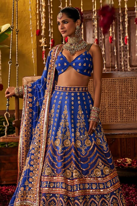 Buy_The Royaleum_Blue Silk Zari, Sequins, Embroidery Sweetheart Neck Rasika Lehenga Set _Online_at_Aza_Fashions