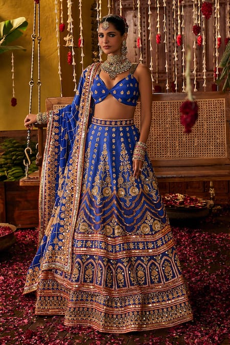 The Royaleum Blue Silk Zari, Sequins, Embroidery Sweetheart Rasika Blouse Lehenga And Dupatta 