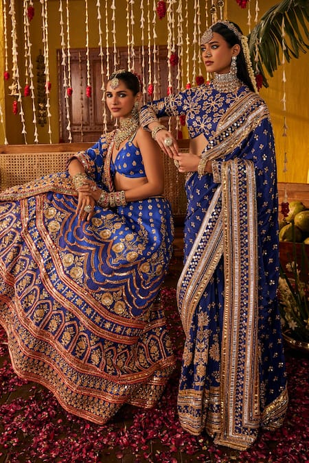 Shop_The Royaleum_Blue Silk Zari, Sequins, Embroidery Sweetheart Neck Rasika Lehenga Set _Online_at_Aza_Fashions