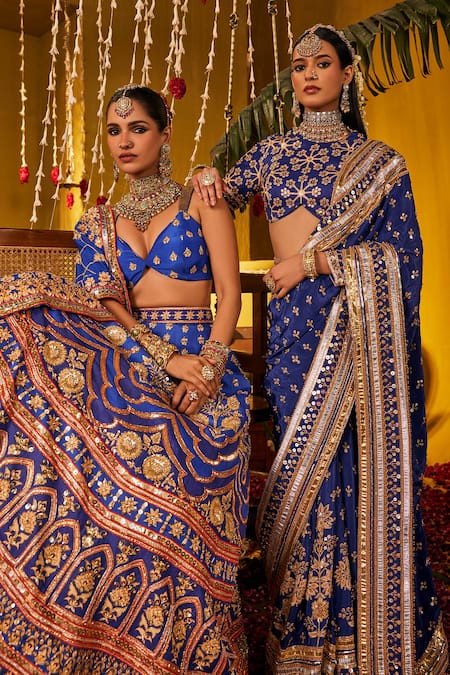 The Royaleum_Blue Silk Zari, Sequins, Embroidery Sweetheart Neck Rasika Lehenga Set _at_Aza_Fashions