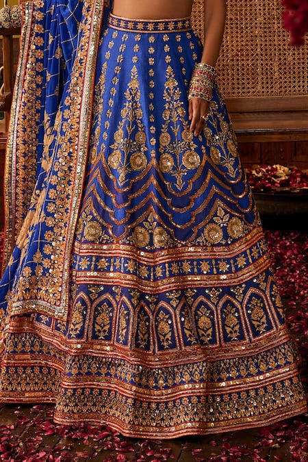 Buy_The Royaleum_Blue Silk Zari, Sequins, Embroidery Sweetheart Neck Rasika Lehenga Set 