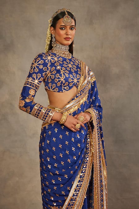 The Royaleum_Blue Silk Embroidery, Zari, Mirrors, Sequins High Saher Saree And Blouse Set _Online_at_Aza_Fashions