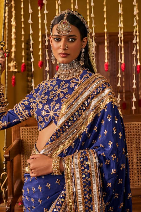 Buy_The Royaleum_Blue Silk Embroidery, Zari, Mirrors, Sequins High Saher Saree And Blouse Set _Online_at_Aza_Fashions