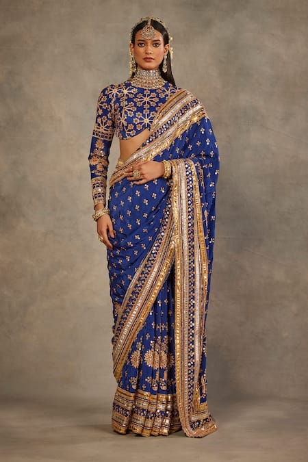 Shop_The Royaleum_Blue Silk Embroidery, Zari, Mirrors, Sequins High Saher Saree And Blouse Set _Online_at_Aza_Fashions