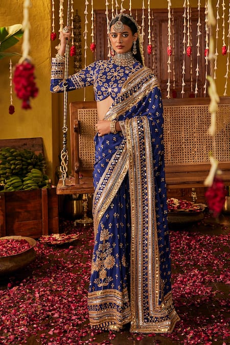 The Royaleum Blue Silk Embroidery, Zari, Mirrors, Sequins High Saher Saree And Blouse Set 