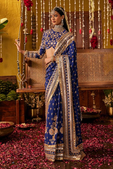 The Royaleum_Blue Silk Embroidery, Zari, Mirrors, Sequins High Saher Saree And Blouse Set _at_Aza_Fashions