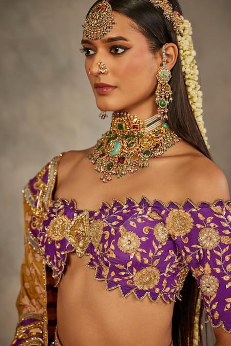 The Royaleum_Purple Silk Embroidery, Zari Off-shoulder Jugni Lehenga Set _Online_at_Aza_Fashions