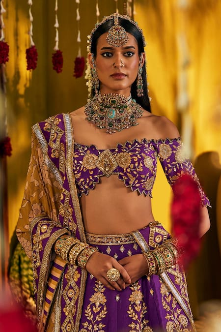 The Royaleum_Purple Silk Embroidery, Zari Off-shoulder Jugni Lehenga Set _at_Aza_Fashions