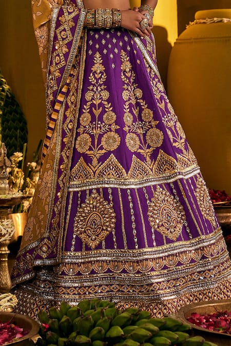 Buy_The Royaleum_Purple Silk Embroidery, Zari Off-shoulder Jugni Lehenga Set 