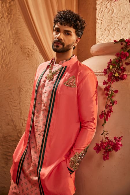 Shop_The Royaleum_Pink Silk Embroidery, Zari Sartaj Jacket And Kurta Set _Online_at_Aza_Fashions