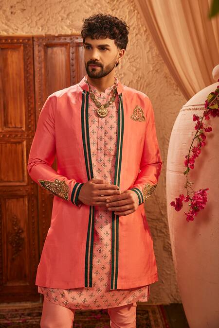 The Royaleum_Pink Silk Embroidery, Zari Sartaj Jacket And Kurta Set _at_Aza_Fashions