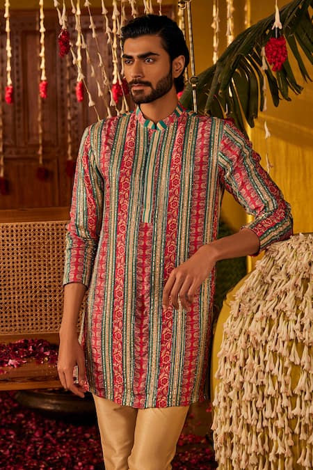 The Royaleum Pink Silk Embroidery Avi Printed Striped Kurta 