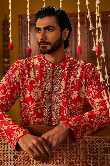 The Royaleum_Red Silk Embroidery, Sequins Zohravar Floral Kurta _Online_at_Aza_Fashions