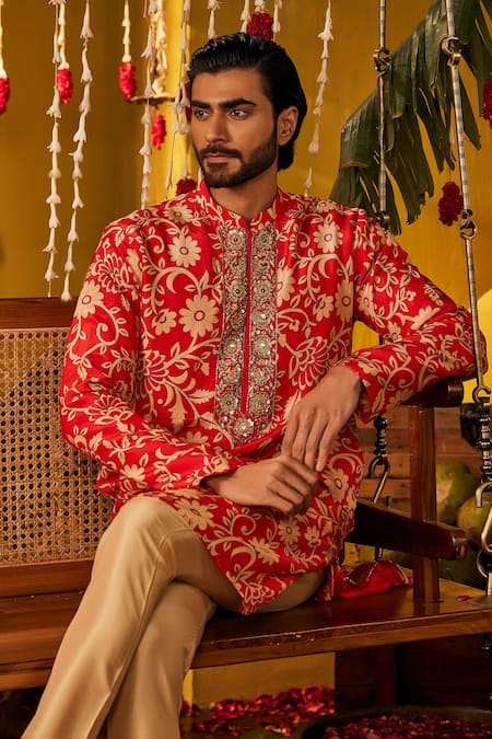 Buy_The Royaleum_Red Silk Embroidery, Sequins Zohravar Floral Kurta _Online_at_Aza_Fashions