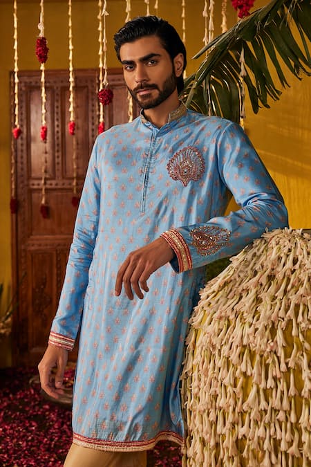 The Royaleum Blue Silk Embroidery Zayan Printed Kurta With Yoke 