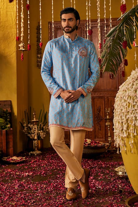 Buy_The Royaleum_Blue Silk Embroidery Zayan Printed Kurta _Online_at_Aza_Fashions