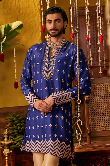 The Royaleum Blue Silk Embroidery Tej Geometric And Motif Kurta 