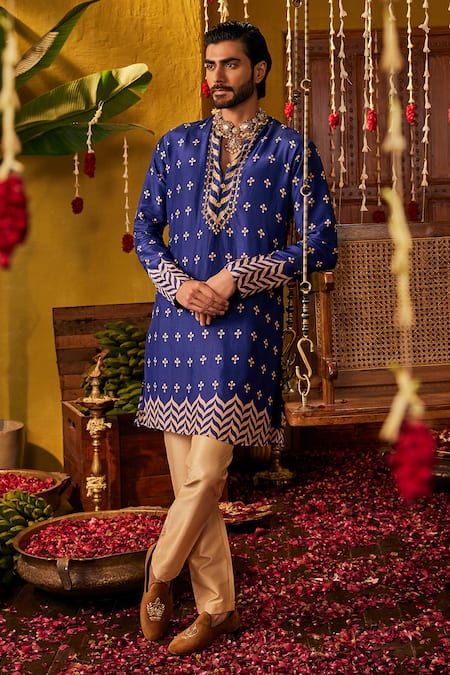 The Royaleum_Blue Silk Embroidery Tej Geometric And Motif Kurta _Online_at_Aza_Fashions