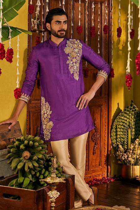 The Royaleum_Purple Silk Embroidery, Zari Ekaaj Kurta _Online_at_Aza_Fashions