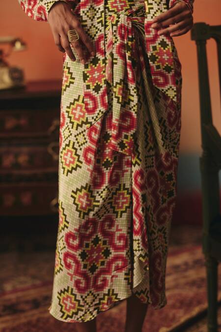 Pooja Rajgarhia Gupta_Red Crepe Tara Ikat Pattern Dhoti Skirt _Online_at_Aza_Fashions