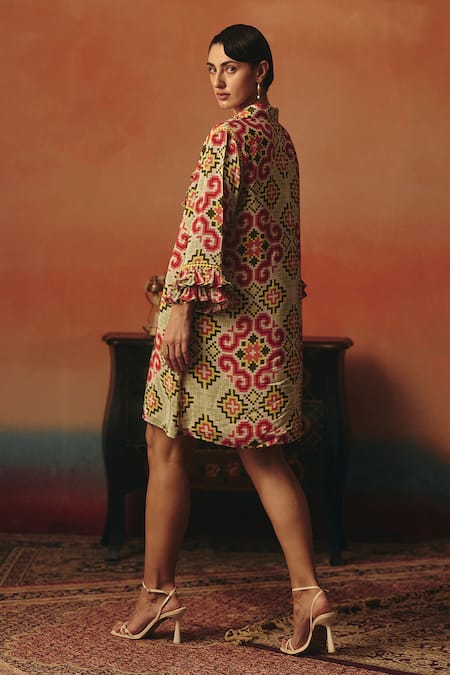 Shop Pooja Rajgarhia Gupta Multi Color Crepe Stones, Embroidery Collared Tara Ikat Pattern Frill Dress at Aza Fashions Shop_Pooja Rajgarhia Gupta_Multi Color Crepe Stones, Embroidery Collared Tara Ikat Pattern Frill Dress _at_Aza_Fashions