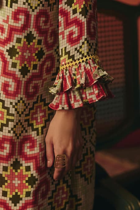 Pooja Rajgarhia Gupta Multi Color Crepe Stones, Embroidery Collared Tara Ikat Pattern Frill Dress Online at Aza Fashions Pooja Rajgarhia Gupta_Multi Color Crepe Stones, Embroidery Collared Tara Ikat Pattern Frill Dress _Online_at_Aza_Fashions