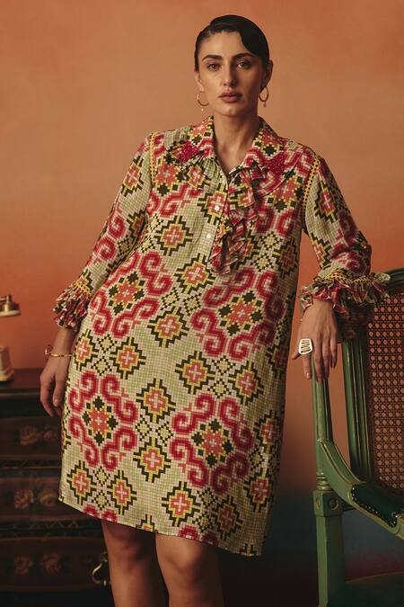 Buy Pooja Rajgarhia Gupta Multi Color Crepe Stones, Embroidery Collared Tara Ikat Pattern Frill Dress Online at Aza Fashions Buy_Pooja Rajgarhia Gupta_Multi Color Crepe Stones, Embroidery Collared Tara Ikat Pattern Frill Dress _Online_at_Aza_Fashions