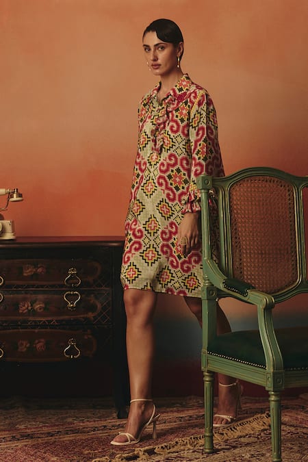 Shop Pooja Rajgarhia Gupta Multi Color Crepe Stones, Embroidery Collared Tara Ikat Pattern Frill Dress Online at Aza Fashions Shop_Pooja Rajgarhia Gupta_Multi Color Crepe Stones, Embroidery Collared Tara Ikat Pattern Frill Dress _Online_at_Aza_Fashions