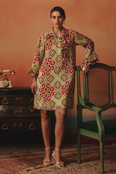 Pooja Rajgarhia Gupta Multi Color Crepe Stones, Embroidery Collared Tara Ikat Pattern Frill Dress 