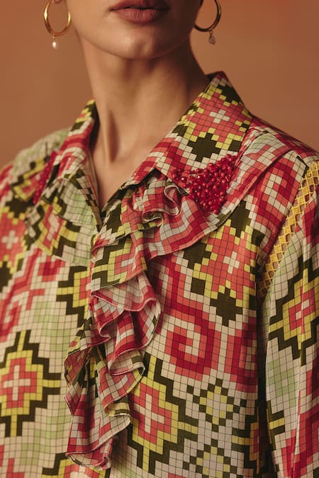 Pooja Rajgarhia Gupta Multi Color Crepe Stones, Embroidery Collared Tara Ikat Pattern Frill Dress at Aza Fashions Pooja Rajgarhia Gupta_Multi Color Crepe Stones, Embroidery Collared Tara Ikat Pattern Frill Dress _at_Aza_Fashions