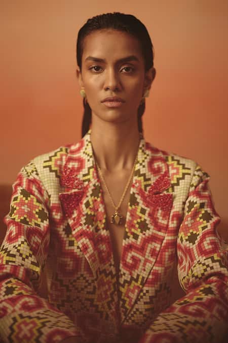 Pooja Rajgarhia Gupta Multi Color Georgette Stones, Tara Ikat Pattern Blazer And Pant Co-ord Set Online at Aza Fashions Pooja Rajgarhia Gupta_Multi Color Georgette Stones, Tara Ikat Pattern Blazer And Pant Co-ord Set _Online_at_Aza_Fashions