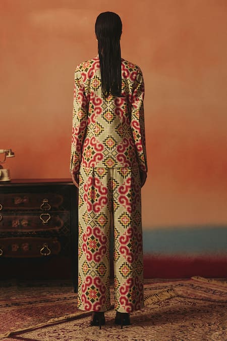 Shop Pooja Rajgarhia Gupta Multi Color Georgette Stones, Tara Ikat Pattern Blazer And Pant Co-ord Set at Aza Fashions Shop_Pooja Rajgarhia Gupta_Multi Color Georgette Stones, Tara Ikat Pattern Blazer And Pant Co-ord Set _at_Aza_Fashions