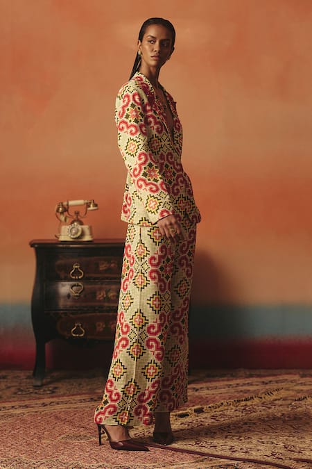 Buy Pooja Rajgarhia Gupta Multi Color Georgette Stones, Tara Ikat Pattern Blazer And Pant Co-ord Set Online at Aza Fashions Buy_Pooja Rajgarhia Gupta_Multi Color Georgette Stones, Tara Ikat Pattern Blazer And Pant Co-ord Set _Online_at_Aza_Fashions